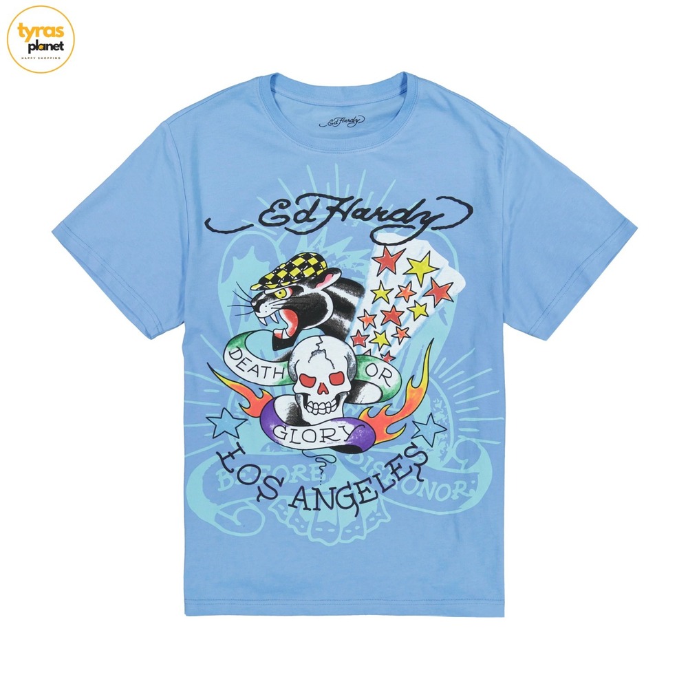 Ed Hardy Men's Baby Blue Color T-Shirt Short Sleeve "Death Or Glory" Size L
